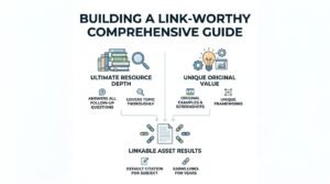 Infographic titled BUILDING A LINK-WORTHY COMPREHENSIVE GUIDE divided into two primary input pillars: Ultimate Resource Depth (Answers All Follow-Up Questions, Covers Topic Thoroughly) and Unique Original Value (Original Examples & Screenshots, Unique Frameworks), converging down into Linkable Asset Results (Default Citation for Subject, Earns Links for Years).