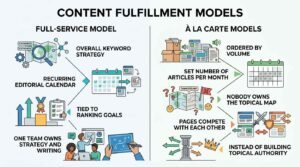 Infographic titled Content Fulfillment Models comparing the strategic alignment of a full-service model against the risks of volume-based à la carte content delivery.
