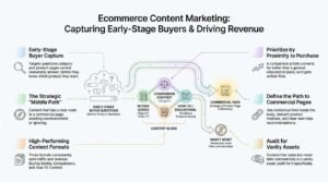 Ecommerce content marketing infographic detailing how to capture early-stage buyer questions through buying guides, comparison content, and how-to guides, funneling traffic into revenue-driving commercial pages while auditing against vanity assets.