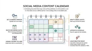 Social media content calendar framework infographic mapping six key scheduling stages onto a monthly grid, outlining planning windows, recurring blocks, content pillars, asset drafting, approval routing, and reactive buffer space.