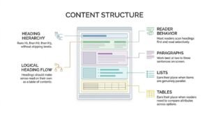 Content structure infographic illustrating an on-page layout wireframe divided into sequential sections, highlighting heading hierarchies, logical heading flows, short paragraphs, bulleted lists, and comparison tables for reader scannability.