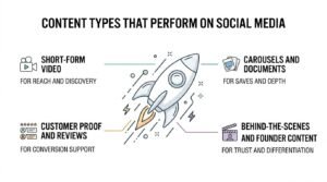 Infographic titled 'Content Types That Perform on Social Media' featuring a launching rocket surrounded by four high-impact content formats: Short-Form Video, Carousels and Documents, Customer Proof and Reviews, and Behind-the-Scenes and Founder Content.