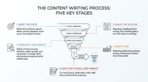 The content writing process infographic illustrating five key production stages funneling from brief and research down to a finished piece, detailing steps for outlining, drafting fast, and editing.