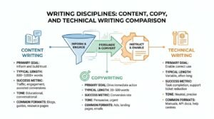 Writing disciplines infographic comparing content writing, copywriting, and technical writing across primary goals, typical length, success metrics, tone, and common formats, connected through funnel, target, and gear icons.