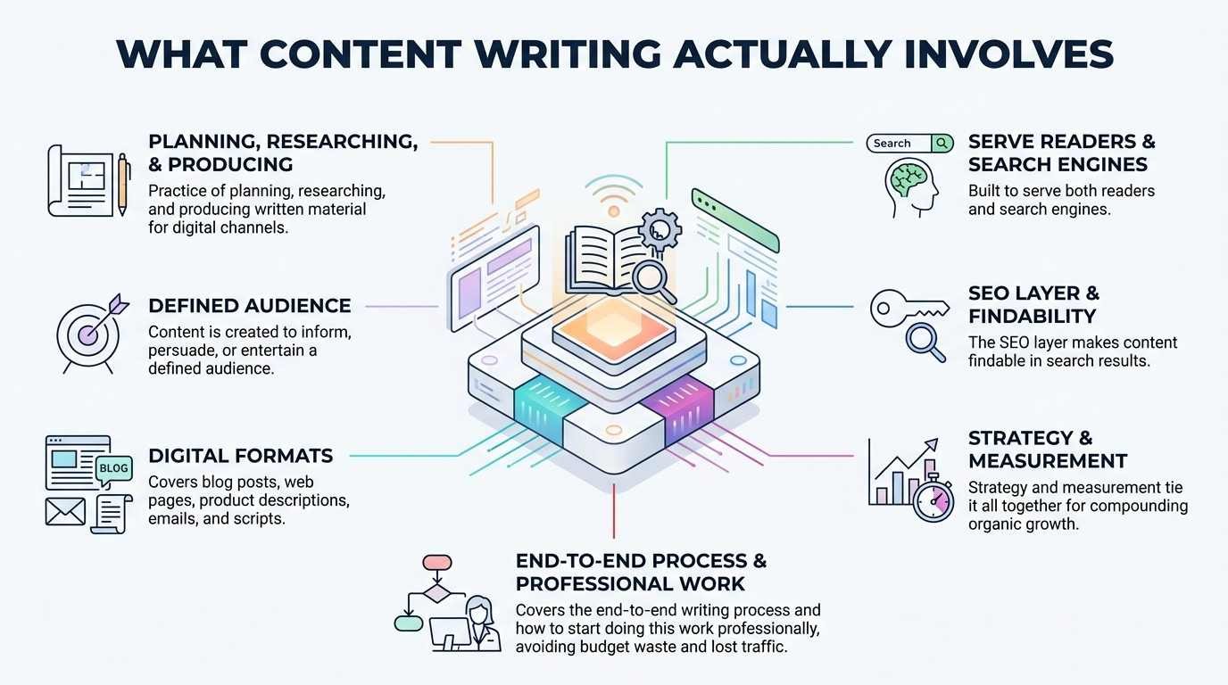 What content writing actually involves infographic showing an isometric layered digital content hub connecting planning, research, audience targeting, SEO findability, digital formats, and performance measurement.