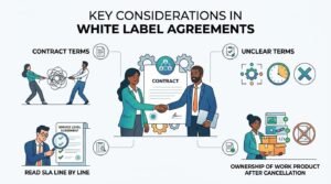 Infographic titled Key Considerations in White Label Agreements covering contract terms, unclear terms, reading SLAs line by line, and ownership of work product after cancellation.