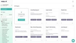 Copy.ai web app dashboard displaying the All Projects grid, a Create your copy card, and a left sidebar with categorization for copywriting tools.