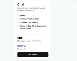 Copy.ai Chat plan pricing card showing $29/mo billed monthly for 5 seats, unlimited words, and access to OpenAI, Anthropic, and Gemini models.