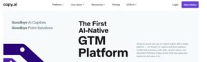 Copy.ai homepage hero section titled 'The First AI-Native GTM Platform' featuring go-to-market copy and a purple Get a Demo button.