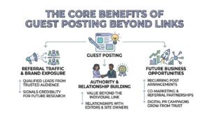 Infographic titled THE CORE BENEFITS OF GUEST POSTING BEYOND LINKS illustrating three main non-link outcomes originating from Guest Posting: Referral Traffic & Brand Exposure (qualified leads from trusted audience, signals credibility for future research), Authority & Relationship Building (value beyond the individual link, relationships with editors & site owners), and Future Business Opportunities (recurring post arrangements, co-marketing & referral partnerships, digital PR campaigns grow from trust).