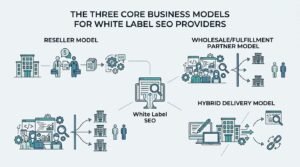 Infographic titled THE THREE CORE BUSINESS MODELS FOR WHITE LABEL SEO PROVIDERS illustrating the reseller model, wholesale or fulfillment partner model, and hybrid delivery model connected to a central white-label SEO browser hub.