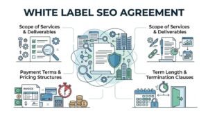Infographic titled White Label SEO Agreement outlining core contractual components: scope of services and deliverables, payment terms, and term length and termination clauses.