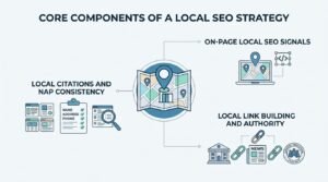 Infographic titled CORE COMPONENTS OF A LOCAL SEO STRATEGY illustrating three pillars: Local Citations and NAP Consistency, On-Page Local SEO Signals, and Local Link Building and Authority around a central map destination hub.