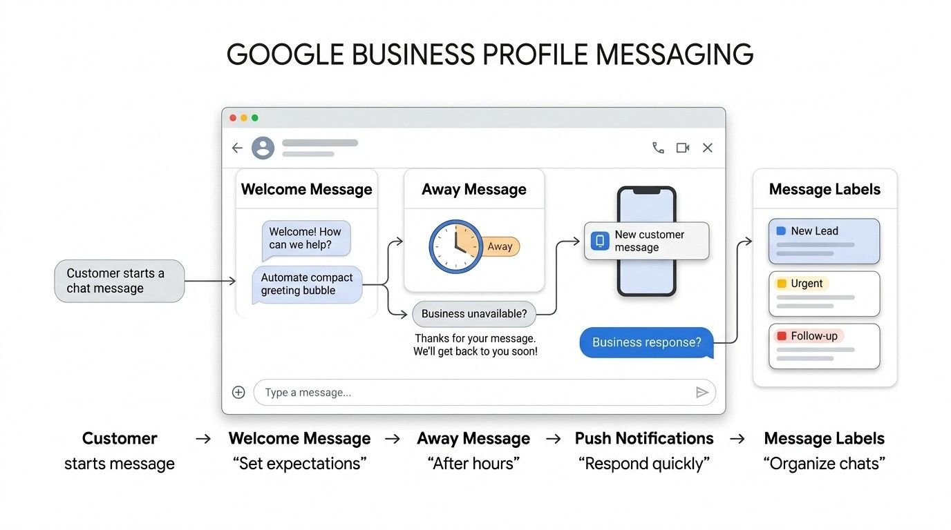Infographic explaining core Google Business Profile messaging features, showing customer messages flowing through welcome messages, away messages, push notifications, and message labels for organized chat management.