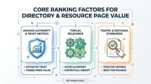 Infographic titled CORE RANKING FACTORS FOR DIRECTORY & RESOURCE PAGE VALUE outlining three evaluation pillars inside rounded cards: 1. Domain Authority & Trust Metrics (Estimates Trust, Passes More Value, shown with a shield and growth bar chart), 2. Topical Relevance (Niche Alignment, Contextual Weight, shown with interlocking puzzle pieces and gears), and 3. Traffic & Editorial Standards (Stricter Criteria, Built for Humans, shown with a hand inspecting a document using a magnifying glass).
