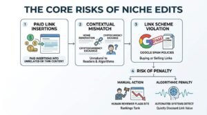 Infographic titled THE CORE RISKS OF NICHE EDITS outlining four sequential risk stages: 1. Paid Link Insertions (coins pointing into a webpage, showing paid insertions into unrelated or thin content), 2. Contextual Mismatch (Home Renovation linking unnaturally to Cryptocurrency Exchange, showing it is unnatural to readers and algorithms), 3. Link Scheme Violation (Google logo stamped with SPAM and Link Scheme document under Google Spam Policies against buying or selling links), and 4. Risk of Penalty (splitting into Manual Action where a human reviewer flags site causing rankings to tank, and Algorithmic Penalty where automated systems detect and quietly discount link value).