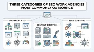 Infographic titled Three Categories of SEO Work Agencies Most Commonly Outsource detailing technical SEO, content creation, and link building service fulfillment.