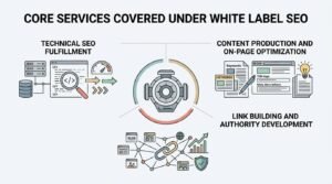 Infographic titled CORE SERVICES COVERED UNDER WHITE LABEL SEO detailing technical SEO fulfillment, content production and on-page optimization, and link building and authority development around a central mechanical hub.
