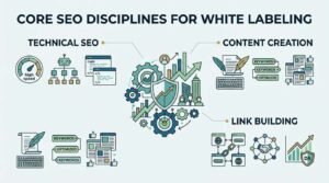 Infographic titled Core SEO Disciplines for White Labeling highlighting technical SEO, content creation, and link building as core agency fulfillment pillars.
