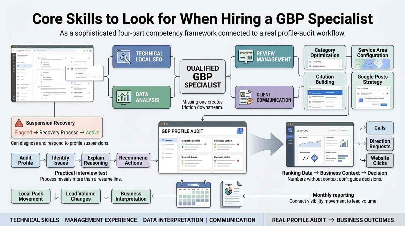 Infographic showing the core skills to look for when hiring a Google Business Profile specialist, including technical local SEO, review management, data analysis, client communication, profile auditing, and performance reporting.