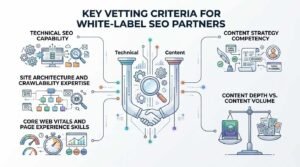 Infographic titled Key Vetting Criteria for White-Label SEO Partners comparing technical SEO capabilities with content strategy competencies
