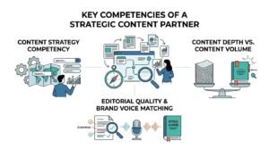 Infographic titled Key Competencies of a Strategic Content Partner outlining content strategy competency, content depth versus volume, and editorial quality
