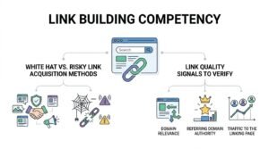 Infographic titled Link Building Competency illustrating white hat versus risky link acquisition methods and key link quality verification signals.