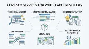 Infographic titled Core SEO Services for White Label Resellers detailing technical audits, on-page optimization, content strategy, link building, local SEO, and performance reporting organized around a central delivery package.