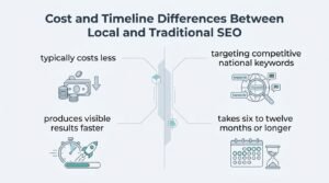 Infographic titled Cost and Timeline Differences Between Local and Traditional SEO comparing lower costs and faster results against competitive national keywords and six-to-twelve-month timelines across a vertical dividing partition.