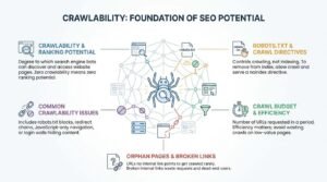 Crawlability: Foundation of SEO Potential infographic showing a central spider bot navigating a website link network, surrounded by core concepts including ranking potential, robots.txt directives, crawl budget efficiency, common crawl blockers, and orphan pages.