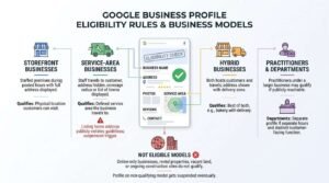 Google Business Profile eligibility rules and business models infographic comparing storefronts, service-area businesses, hybrid models, practitioners, and non-eligible business types.