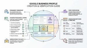 Google Business Profile creation and verification guide infographic detailing permanent ownership setup, a 7-step setup sequence, video verification requirements, and verification methods with timelines.