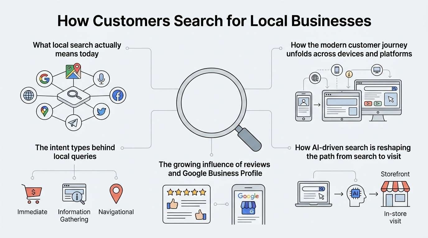 Infographic titled How Customers Search for Local Businesses outlining modern local search definitions, cross-device customer journeys, query intent types, review and GBP influence, and AI-driven search pathways around a central inspection magnifying glass.