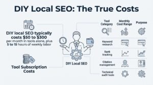 Infographic titled DIY Local SEO: The True Costs breaking down tool subscription expenses ($50 to $300 per month) and labor requirements (5 to 15 hours per week) across keyword research, rank tracking, citation management, and technical audit categories around a business owner balancing time and budget.