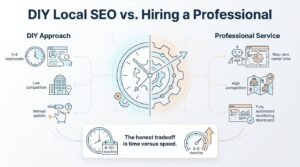Infographic titled DIY Local SEO vs. Hiring a Professional contrasting time commitment, market competition level, operational maintenance, and delivery timelines around a central clock and mechanical gear split dial.
