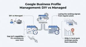 Infographic titled Google Business Profile Management: DIY vs Managed illustrating the impact of consistency, cadence, and inactivity on local pack rankings around central profile management dashboards and chained calendars.