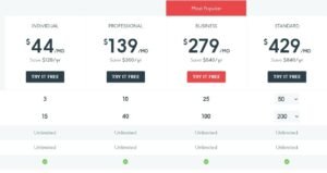 DashThis subscription pricing table comparing Individual at $44/mo, Professional at $139/mo, Business at $279/mo, and Standard at $429/mo, detailing dashboard limits and annual savings.