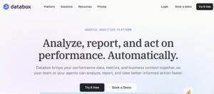 Databox homepage hero banner reading 'Analyze, report, and act on performance. Automatically.' highlighting an agentic analytics platform with Try It Free and Book a Demo buttons.