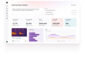 Databox agentic analytics dashboard displaying an AI prompt input for client reporting, KPI scorecards, funnel conversions, active users bar chart, and sales timeline graphs.