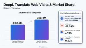Bar chart titled DeepL Translate Web Visits & Market Share displaying a comparison between 662.2 million visits and 758.4 million visits, showing key performance indicators with an 11.62% market share in the Translators category.