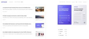 Detailed.com homepage blog layout displaying recent industry research articles by Glen Allsopp, featured report cards on AI marketing, and social follower metrics.