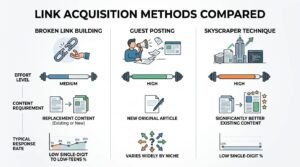 Infographic titled LINK ACQUISITION METHODS COMPARED contrasting Broken Link Building, Guest Posting, and Skyscraper Technique across Effort Level, Content Requirement, and Typical Response Rate. Broken Link Building requires medium effort, replacement content (existing or new), and gets low single-digit to low-teens % response rates. Guest Posting requires high effort, a new original article, and response rates vary widely by niche. Skyscraper Technique requires high effort, significantly better existing content, and gets low single-digit % response rates.