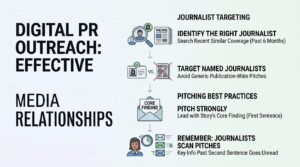 Infographic titled DIGITAL PR OUTREACH: EFFECTIVE MEDIA RELATIONSHIPS detailing two sections: Journalist Targeting (Identify the Right Journalist by searching recent similar coverage in past 6 months, Target Named Journalists vs. avoiding generic publication-wide pitches) and Pitching Best Practices (Pitch Strongly leading with story's core finding in the first sentence, and Remember: Journalists Scan Pitches because key info past the second sentence goes unread).