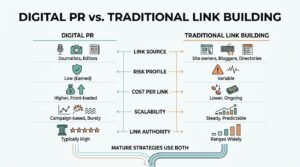 Infographic titled DIGITAL PR vs. TRADITIONAL LINK BUILDING comparing the two approaches across five core dimensions: Link Source (Journalists, Editors vs. Site owners, Bloggers, Directories), Risk Profile (Low Earned vs. Variable), Cost Per Link (Higher, Front-loaded vs. Lower, Ongoing), Scalability (Campaign-based, Bursty vs. Steady, Predictable), and Link Authority (Typically High vs. Ranges Widely), concluding with the insight that mature strategies use both