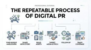 Infographic titled THE REPEATABLE PROCESS OF DIGITAL PR under the subheader PROFESSIONAL EDITORIAL, detailing a six-step workflow: 1. Find Unique Angle/Data, 2. Shape News Story, 3. Build Assets, 4. Target Media & Pitch, 5. Follow Up, and 6. Track Coverage, illustrated with process icons and directional workflow connectors.