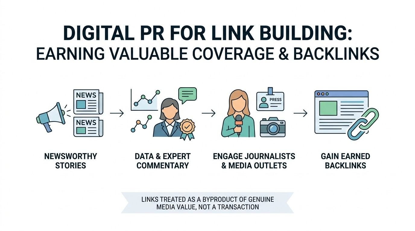 Digital PR for link building infographic, earning valuable media coverage backlinks, newsworthy stories, data studies expert commentary, engage journalists media outlets press, gain earned editorial backlinks, media value over transactional links, and digital PR SEO SOP.