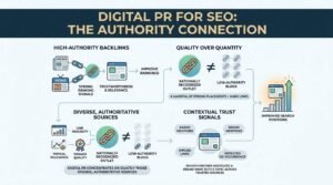 Infographic titled DIGITAL PR FOR SEO: THE AUTHORITY CONNECTION showing how High-Authority Backlinks, Quality Over Quantity, Diverse Authoritative Sources, and Contextual Trust Signals combine to produce Improved Search Positions.
