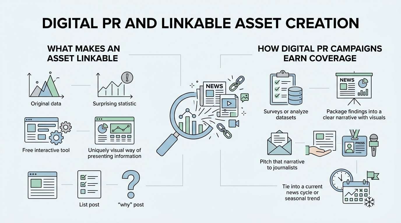 Infographic explaining digital PR and linkable asset creation, showing characteristics of linkable content such as original data, surprising statistics, free tools, visual information, list posts, and “why” posts, plus a digital PR process for turning research into newsworthy narratives and earning media coverage.