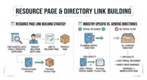 Infographic titled RESOURCE PAGE & DIRECTORY LINK BUILDING comparing a resource page link building strategy (finding curated lists of tools, products, and suppliers, requesting inclusion with a link, and linking to relevant product pages) against an evaluation of industry-specific vs generic directories, contrasting high-quality niche directories that provide real topical signals with low-quality all-purpose directories that lack relevance and carry manipulative risk.