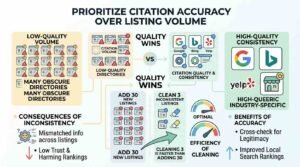 Infographic titled PRIORITIZE CITATION ACCURACY OVER LISTING VOLUME contrasting Low-Quality Volume (many obscure directories with mismatched info leading to low trust and harmed rankings) against High-Quality Consistency (major platforms like Google, Bing, Yelp, and industry-specific directories providing legitimacy and improved rankings), highlighting that citation quality wins and cleaning 3 inconsistent listings is more efficient and impactful than adding 30 new low-quality ones.